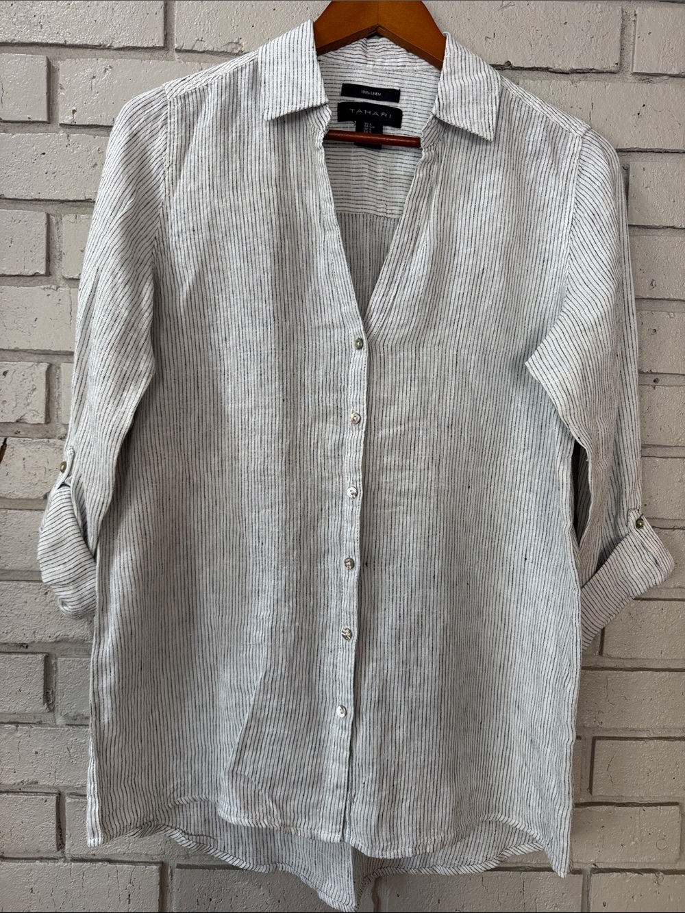 Tahari Light Gray & White Pinstripe Casual Button-Down Shirt